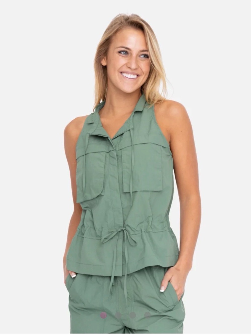 Mono B Lightweight Sleeveless Drawstring Vest in Olive Green